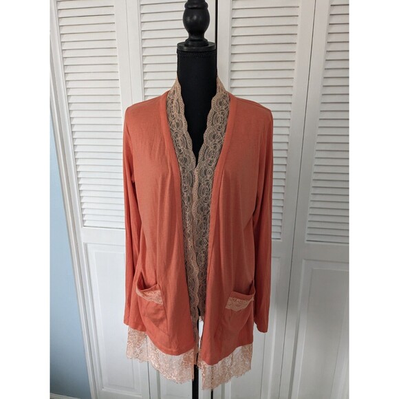 LOGO Lori Goldstein Cardigan Women sz M Coral/Orange CottonModal OpenFront Lace - Picture 1 of 12